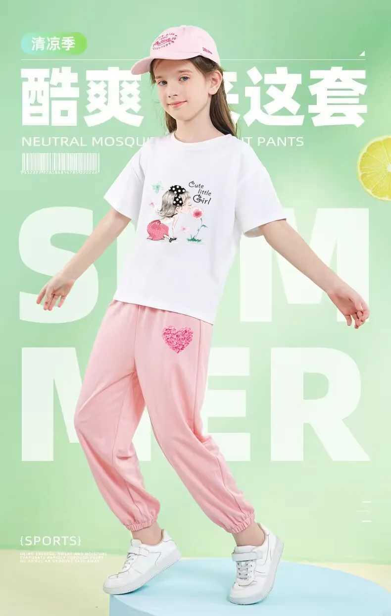 Clothing Sets 2 cute cat short sleeved childrens T-shirts and pants set for girls cotton childrens clothing set for summer childrens clothing WX