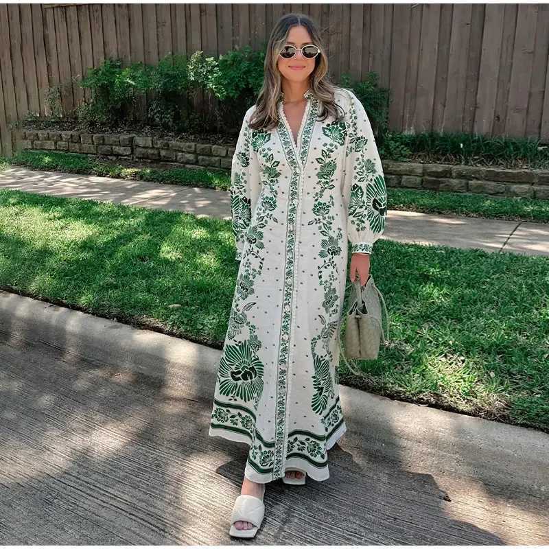 Basic Casual Dresses Fashion Print Single Breast Maxi Dress For Women V Neck Long Lantern Slve Loose Robes 2024 New Female Holiday Vestidos Y240515