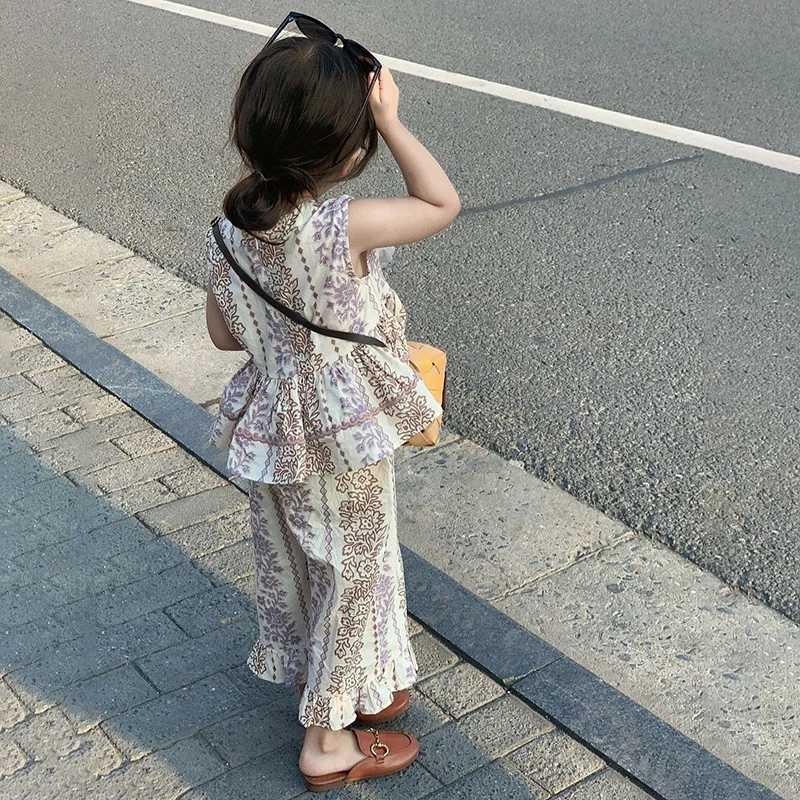 Clothing Sets Girls Fashion Two Piece Summer Girls Printed Ruffled Tank Top+Cool Nine Cent Pants Skin Friendly Holiday Style Beach Set WX