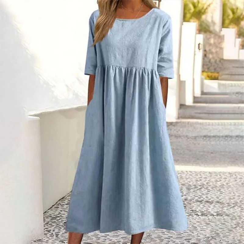Basic Casual Dresses Solid Color Casual Loose Summer Long Dresses For Women 2023 Vintage Trendy Elegant Pretty Womens A-Line O-Neck Plus Size Dress Y2