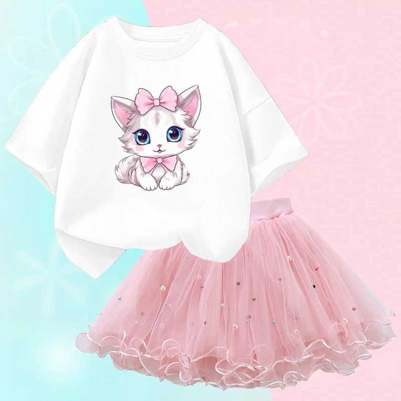 Clothing Sets Summer Little Girl Clothing Cute Cat T-shirt and Mesh Tutu Ski Two Piece Fashion Korean Childrens Clothing Set 3-14 Years WX