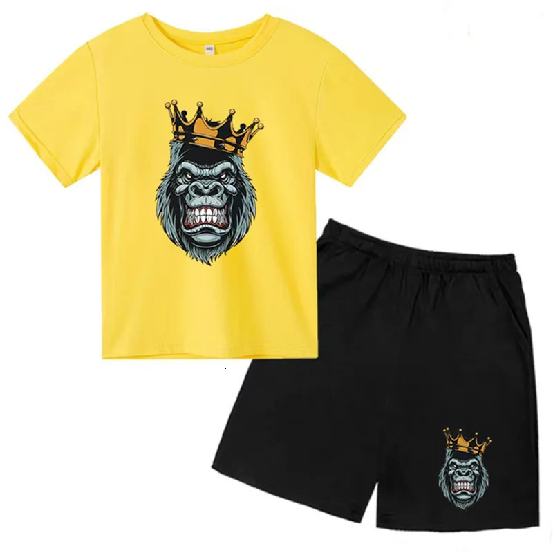 Kids Summer Short Sleeve T-shirt Boys Girls Toddlers 3-12Y Animal Gorilla Top Shorts 2P Cute Fun Pretty Girl Clothes Casual Set 240517