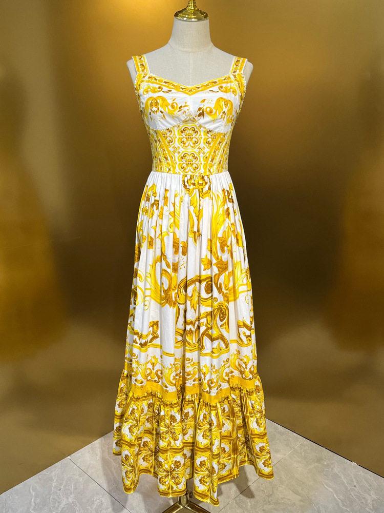 Women 100% Cotton Dress Summer Fashion Spaghetti Strap Yellow Porcelain Printing Party Holiday Vestidos Sliming Lady