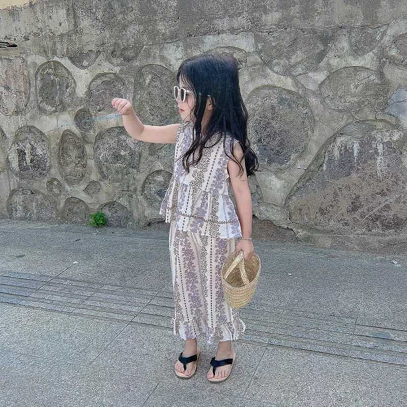 Clothing Sets Girls Fashion Two Piece Summer Girls Printed Ruffled Tank Top+Cool Nine Cent Pants Skin Friendly Holiday Style Beach Set WX