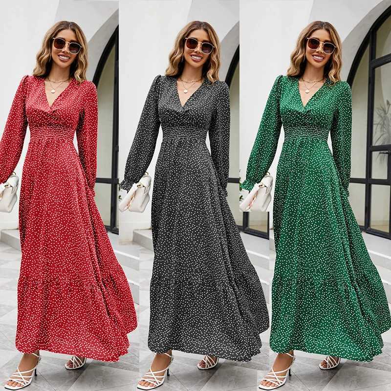 Basic Casual Dresses Spring Gentle Wind Feminine V-neck Long-slved Dress Autumn And Winter Waist Slimming With A Coat With A Long Skirt Y240515