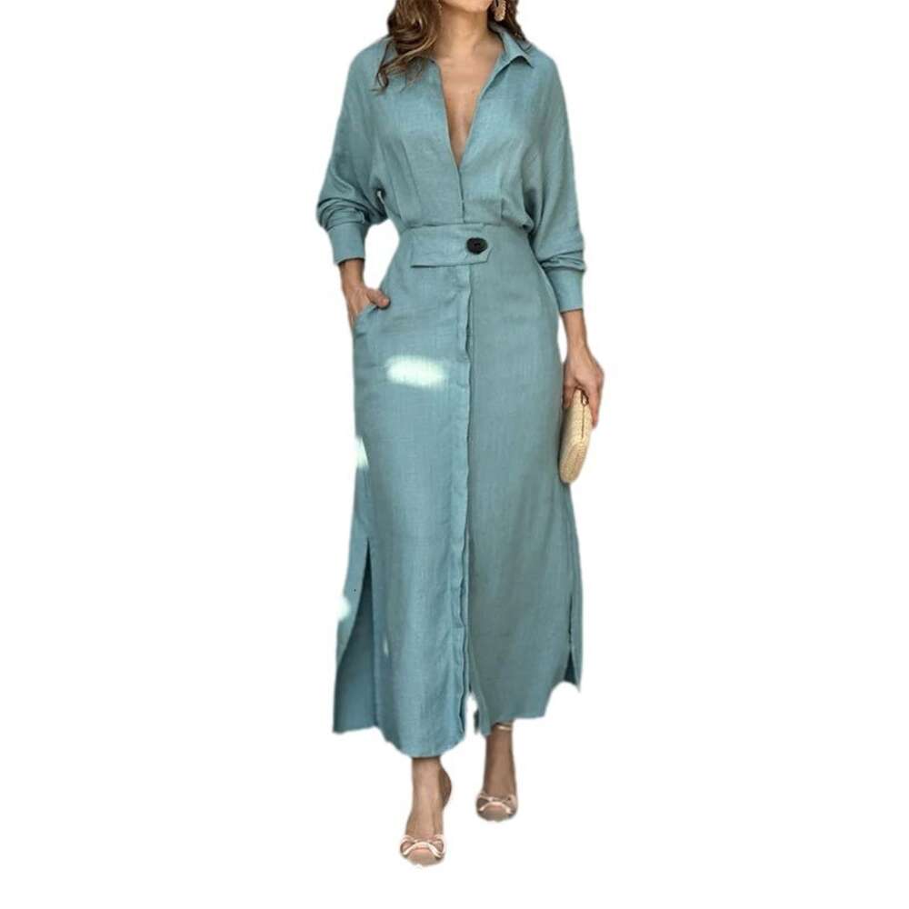2024 Summer New Style Women's Commuter Lace up Solid Color Waist Long Sleeve Irregular Shirt Dress F51738