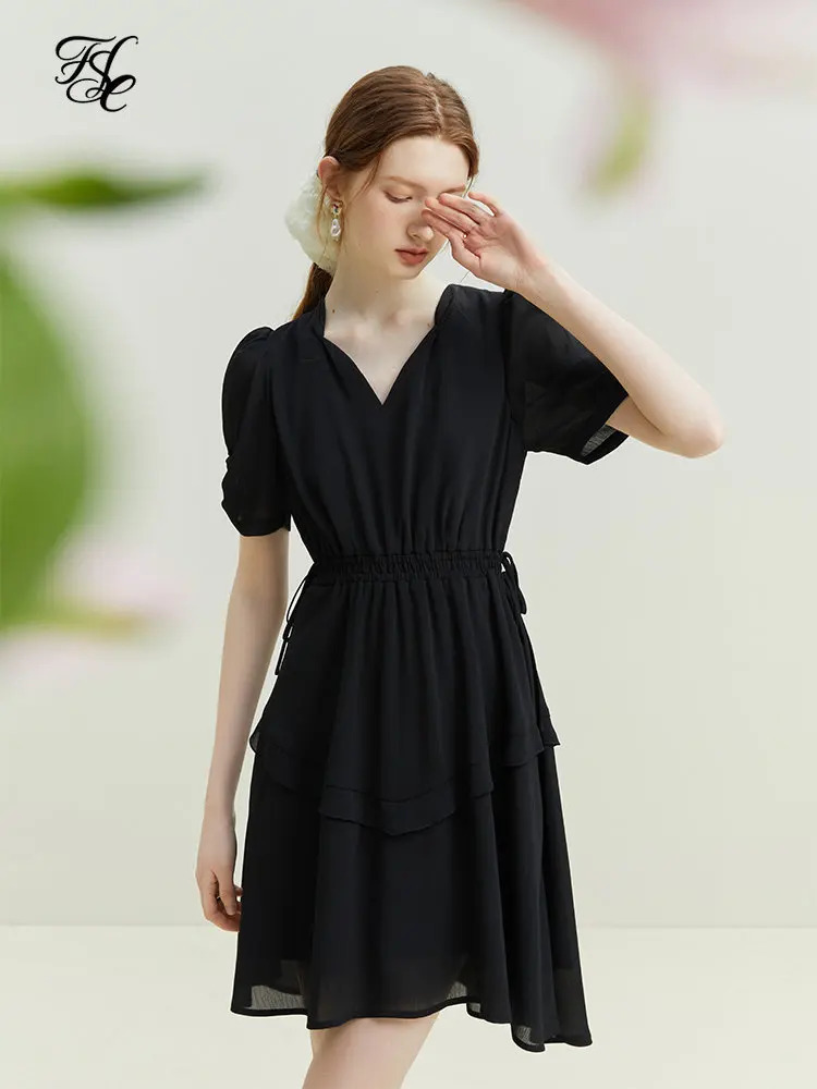 FSLE Women Black VNeck Short Dress Drawstring Waist Textured Fabric Office Lady Mini Dresses Puff Sleeve Chiffon 240513