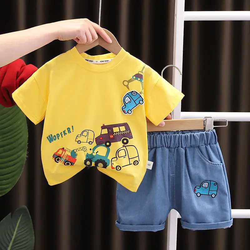 Clothing Sets Summer childrens baby cotton clothing car T-shirts and shorts 2 pieces/set childrens fashionable clothing baby track and field clothing 