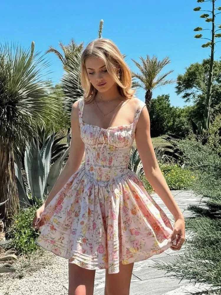 Basic Casual Dresses Elegant Floral Print A-line Pleated Sling Mini Dress Women Chic Slveless Lace Up Slim Dresses 2024 Summer Chic Lady Party Robe Y2