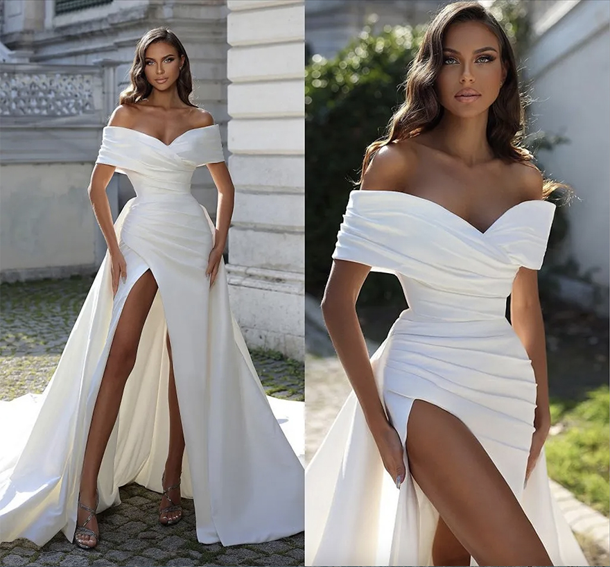 Plus Size Mermaid Wedding Dresses Bohemian Off Shoulr High Si Split Short Sleeves Pleats Draped Bridal Gown with Court Train Boho ves