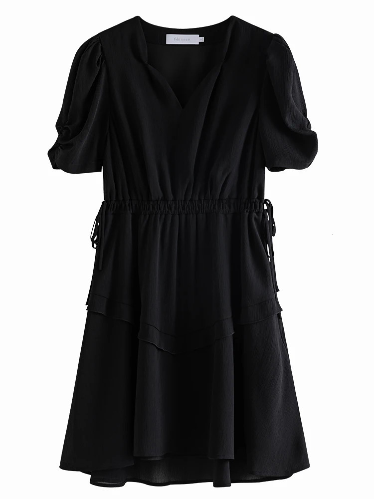 FSLE Women Black VNeck Short Dress Drawstring Waist Textured Fabric Office Lady Mini Dresses Puff Sleeve Chiffon 240513