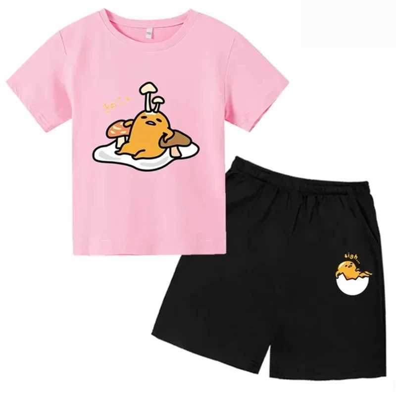 Clothing Sets Gudetama childrens T-shirt+shorts set childrens clothing round neck set 2-12 year old boys and girls casual cotton short sleeved WX