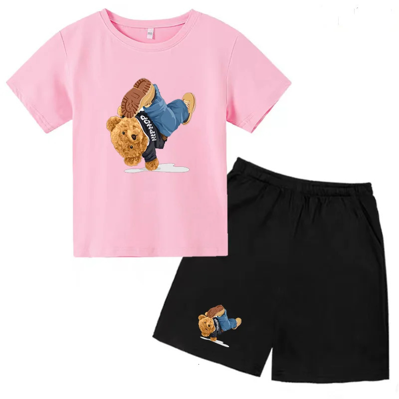 Fun Bear Car Inverted Print BoyGirl T-shirt Top Shorts 2 Piece Set Kids Summer Baby Cute Athleisure Suit for Ages 3-14 240517