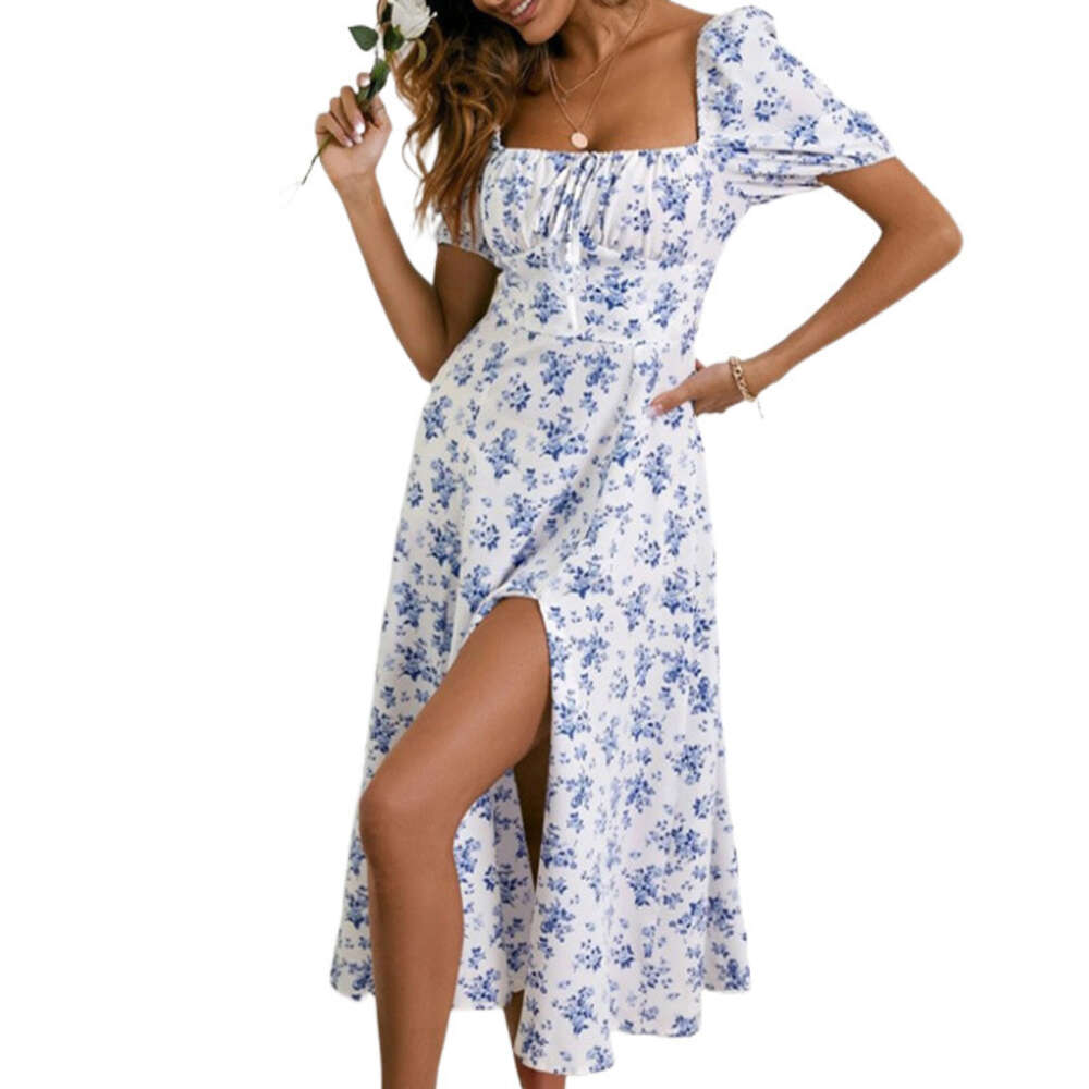 Fashion Retro Womens Summer New Print French Floral Backless Slim Fitting Suspender Slit Casual Dress