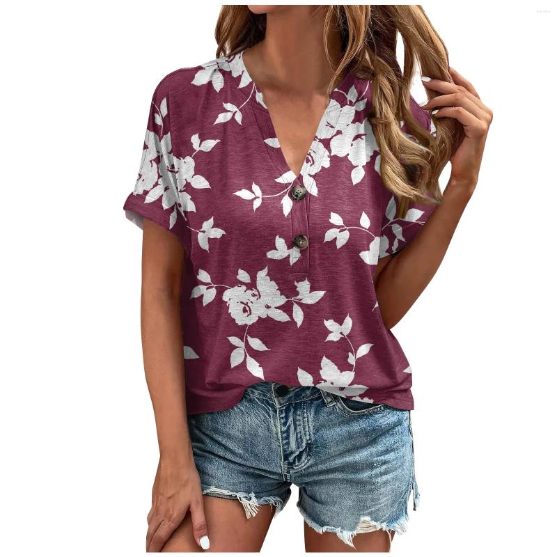 Womens T Shirts Shirt Blouse Button Vintage Print Short Sleeve Casual Basic Top Pullover Summer Clothes For Women Ropa Mujer Cloth