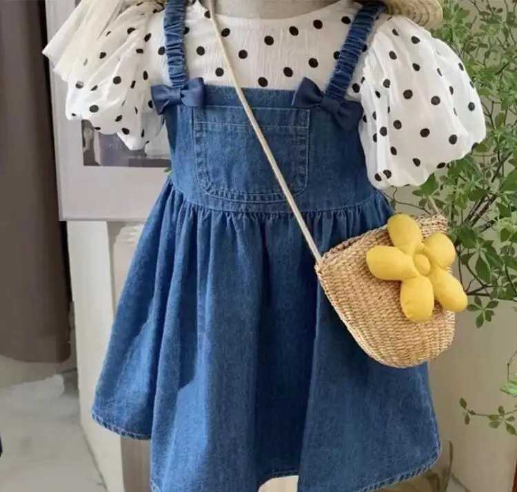Clothing Sets Girls Summer Set 2023 New Polka Dot Puff Sleeves Short sleeved Top+Cowboy Bowband Dress 2-piece Clothing Set WX