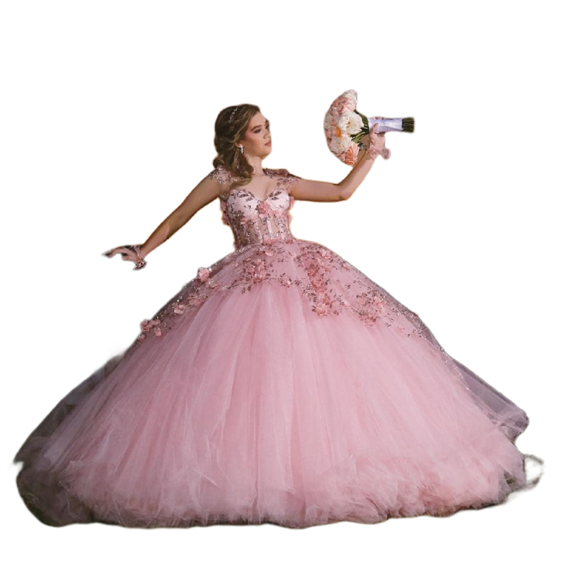 Pluffy Pink 3D Flowers Quinceanera Dresses Short Sleeves Floral Sequins Corset Princess Birthday Prom Ball Gown Sweet 16 Dress Vestido De VX Anos 2024