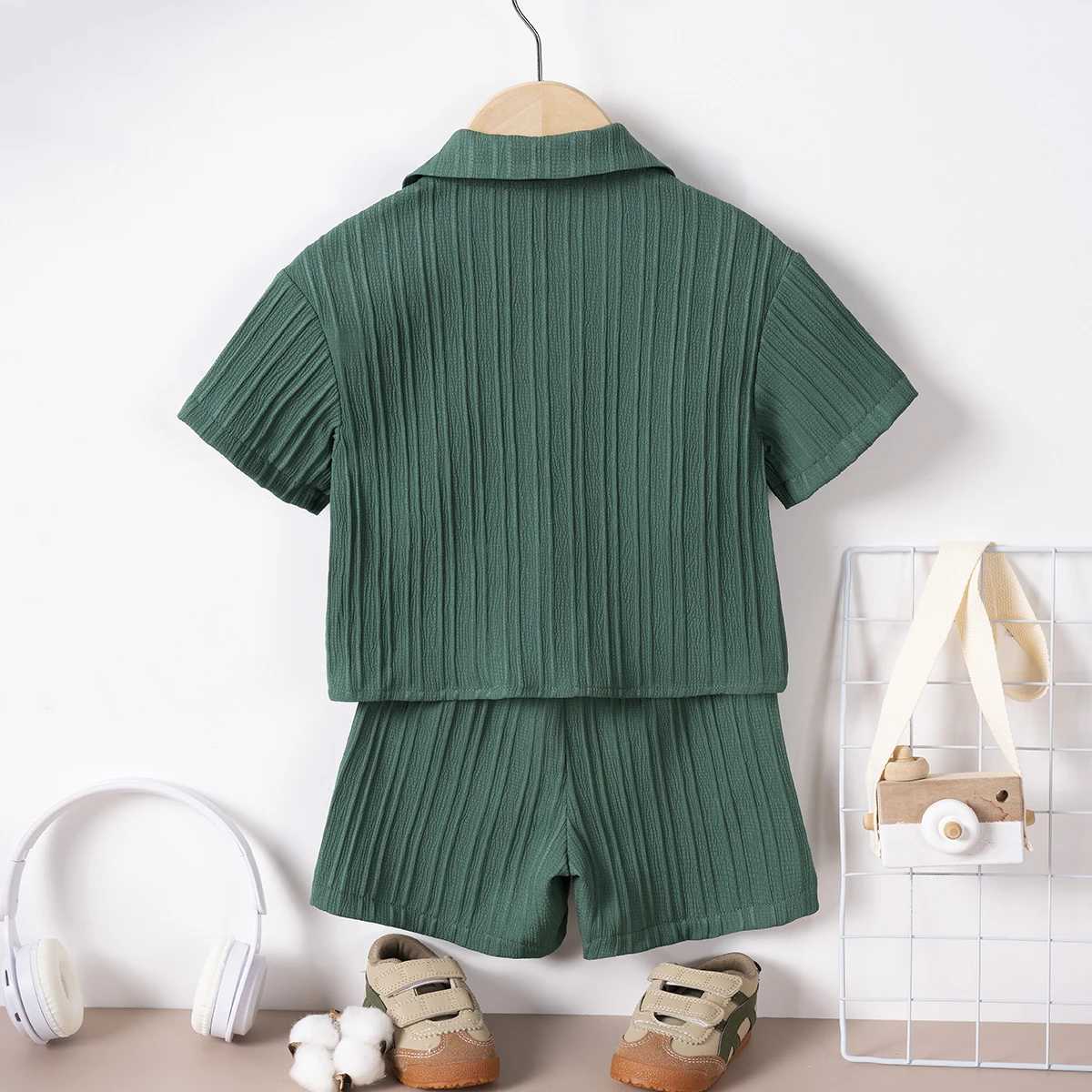 Clothing Sets Baby and toddler solid color texture summer set button up short sleeved lapel shirt and casual short sleeved baby boy clothing WX