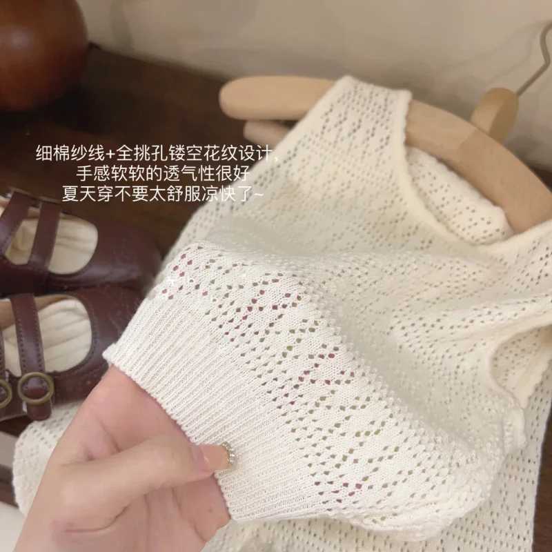 Clothing Sets Girls Summer Clothing Set 2023 Childrens Knitted Hollow Lace Set Girls Fashion Breathable Tank Top+Wide Leg Pants Set Childrens Set WX