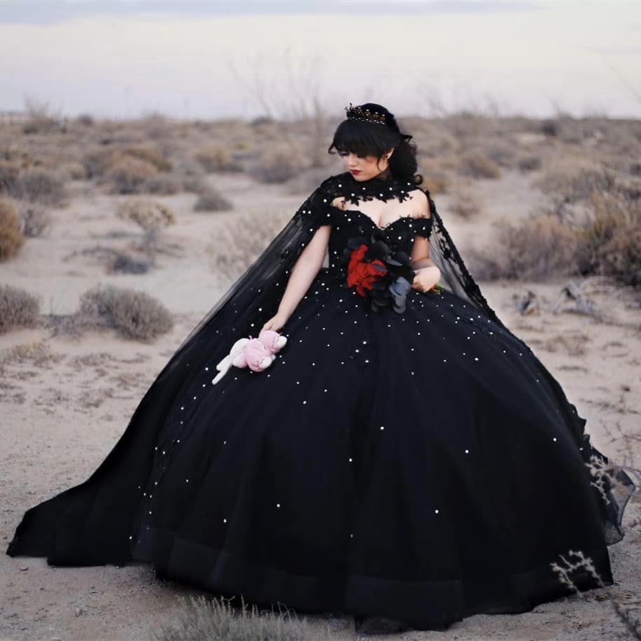 Black Ball Gown Gothic Wedding Dresses With Long Wrap 2024 Off The Shoulder Long Tulle Bridal Gowns Lace Appliques Beaded Plus Size Vestido De Novia