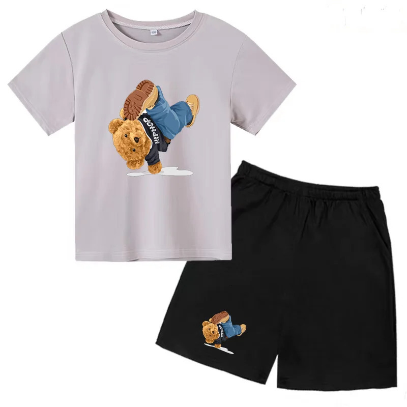 Fun Bear Car Inverted Print BoyGirl T-shirt Top Shorts 2 Piece Set Kids Summer Baby Cute Athleisure Suit for Ages 3-14 240517