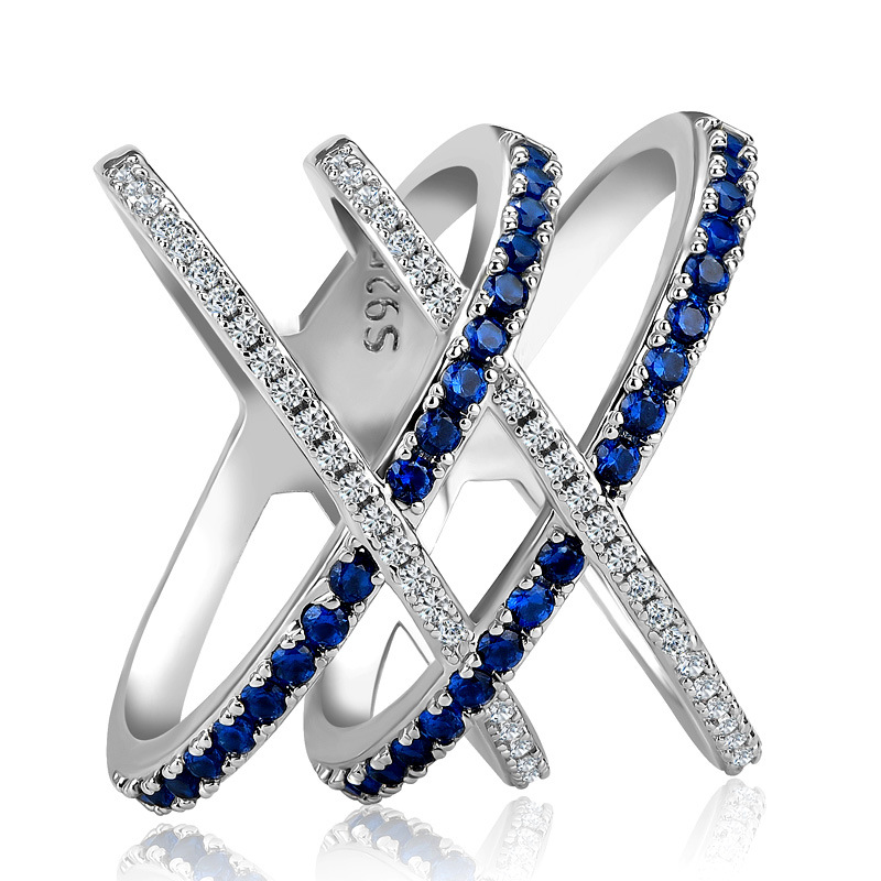 Sterling Rings - Exquisite Sier Ring with Blue Sapphire & CZ Dia Accents, Eternity Cross Design, Ideal for Engagement or Party Wear Free shi
