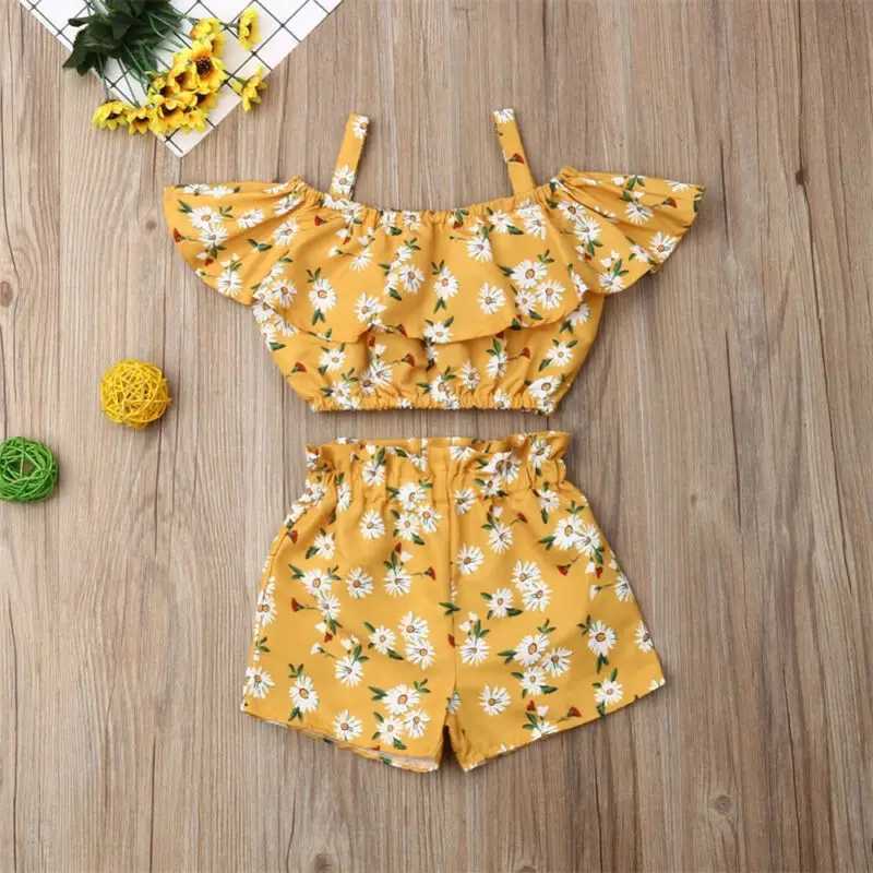 Clothing Sets The latest fashion summer baby girl clothing with shoulder pleats and sling crop tops and shorts 2PCS clothing WX