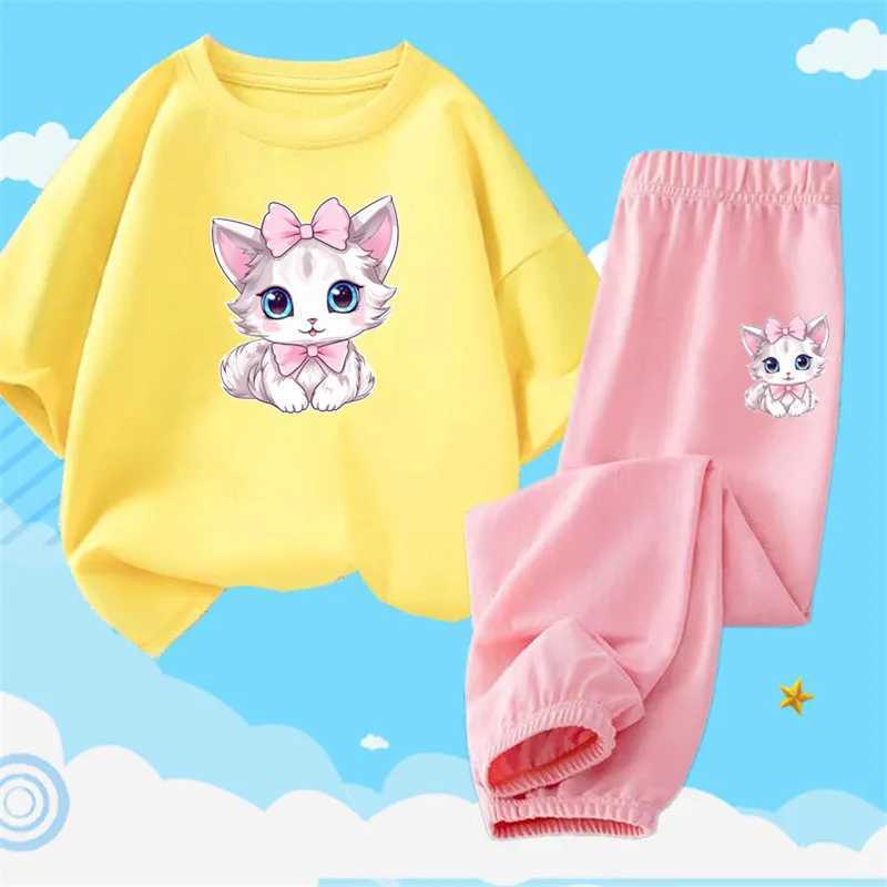 Clothing Sets 2 cute cat short sleeved childrens T-shirts and pants set for girls cotton childrens clothing set for summer childrens clothing WX