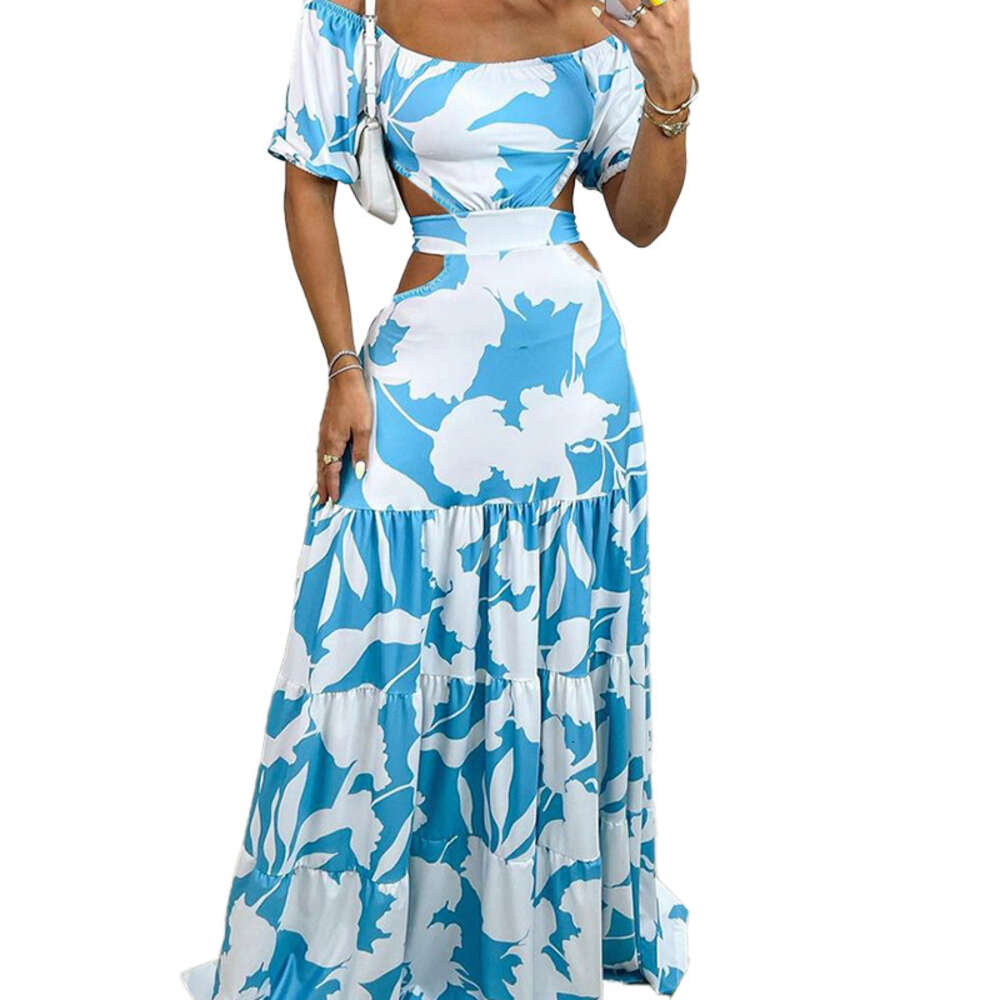 Summer 2024 Women's New Fashion Printed Style One Shoulder High Waist Hollow Ruffle Edge Dress for Women F51736