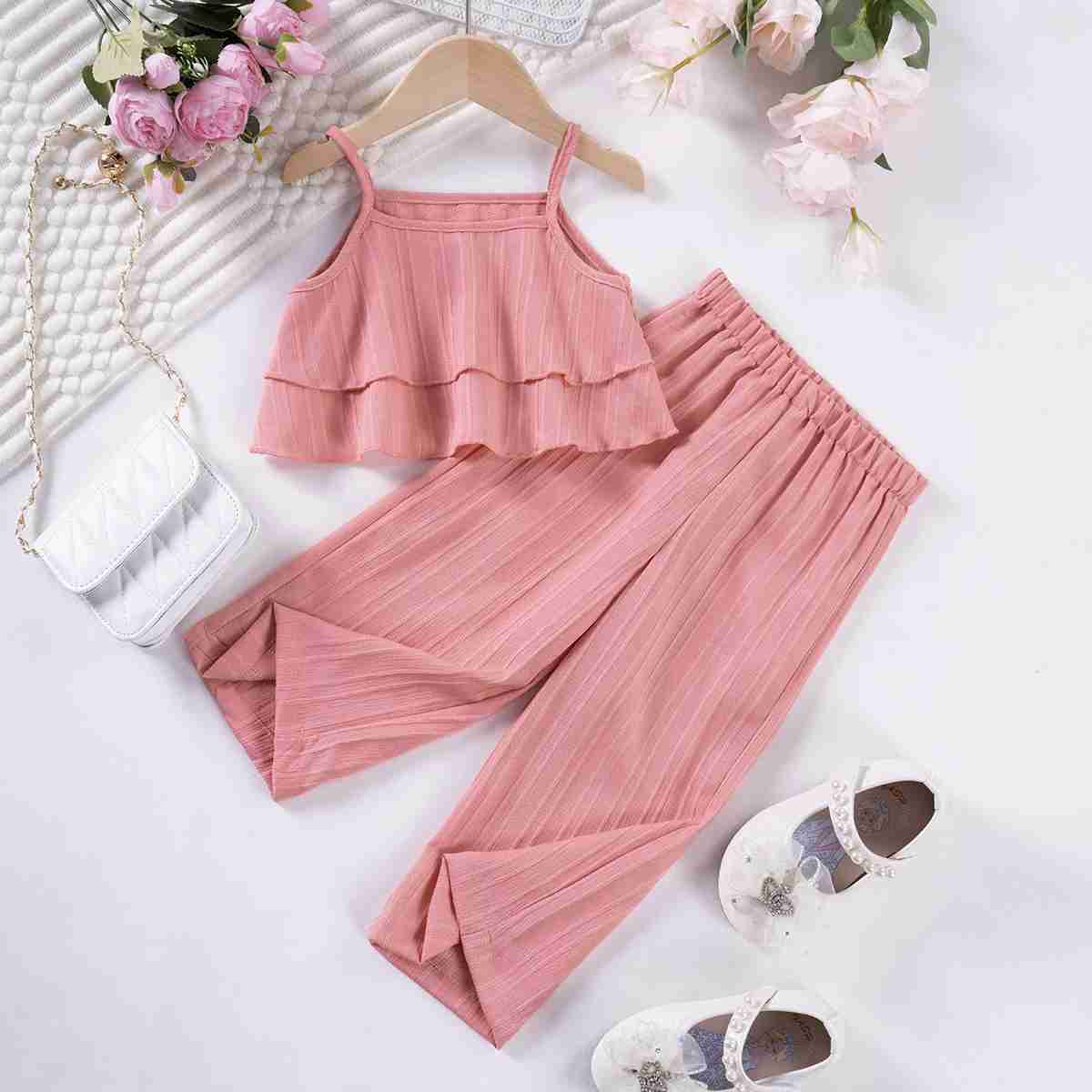 Clothing Sets Girls solid color pendant summer pendant pleated edge+wide leg pants 2-piece set of white cute and elegant baby clothing WX