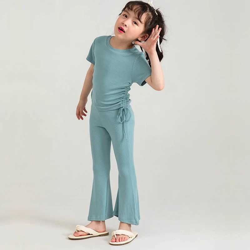Clothing Sets 2 pieces of summer childrens and girls solid color ribbon dress childrens soft T-shirt top+elastic waist Bell bottom flash leg pants set