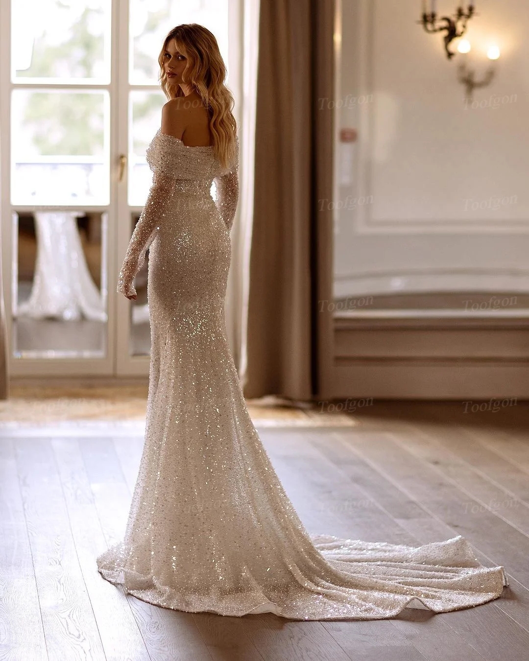 Shiny Sequin Mermaid Wedding Dress 2025 Long Sleeves Off The Shoulder Beads Bridal Formal Gown Sweep Train Vestidos De Novia