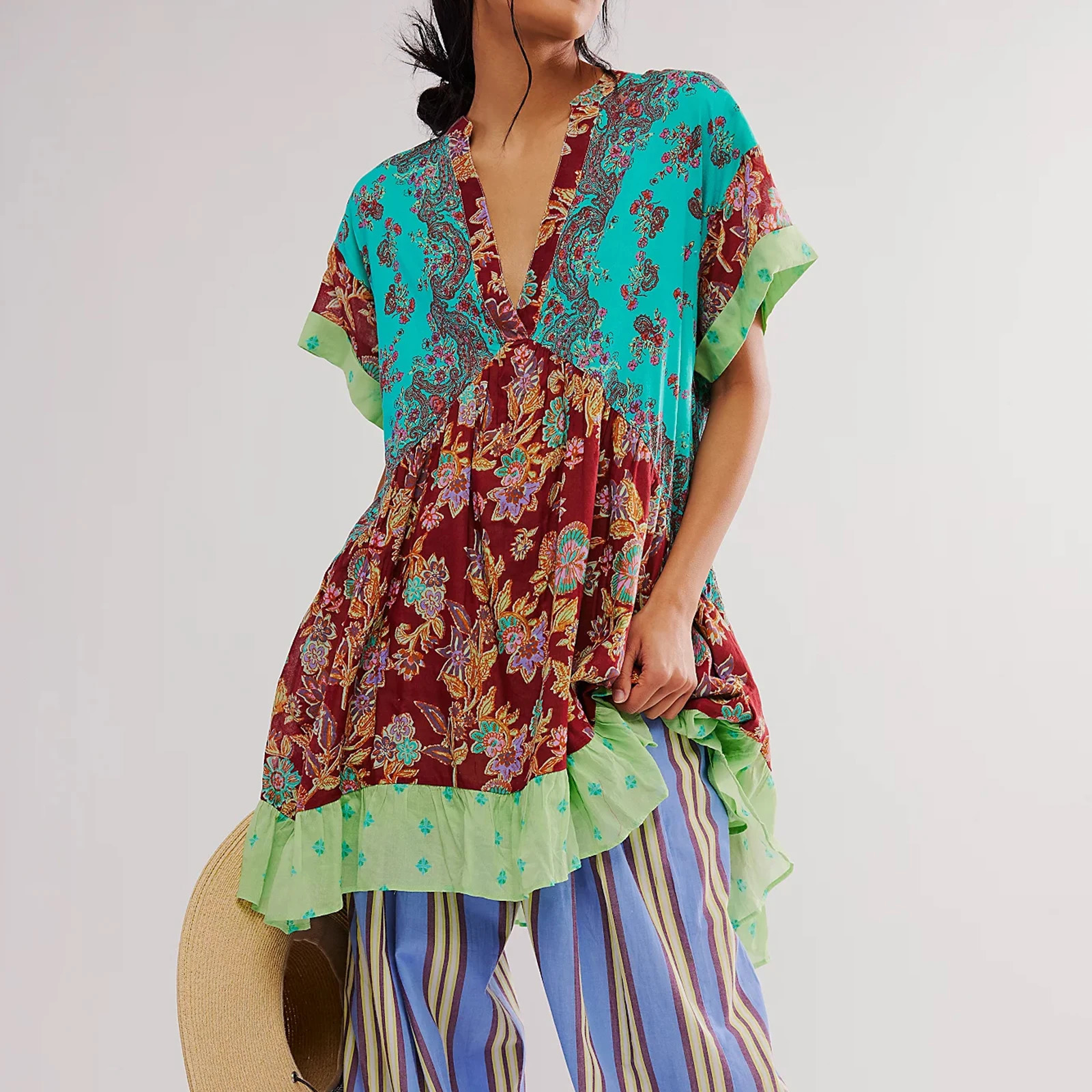 Womens Summer Fairycore Grunge Dress Bohemian Floral Print Short Sleeve VNeck Flowy Sundress Beachwear 240514