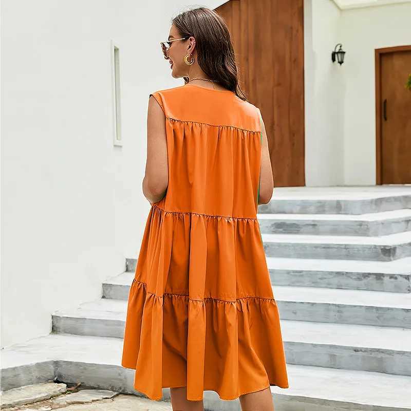 Basic Casual Dresses Orange bright dress spring and summer new all-matching small skirt fresh mini skirt beach holiday beach dress Y240515