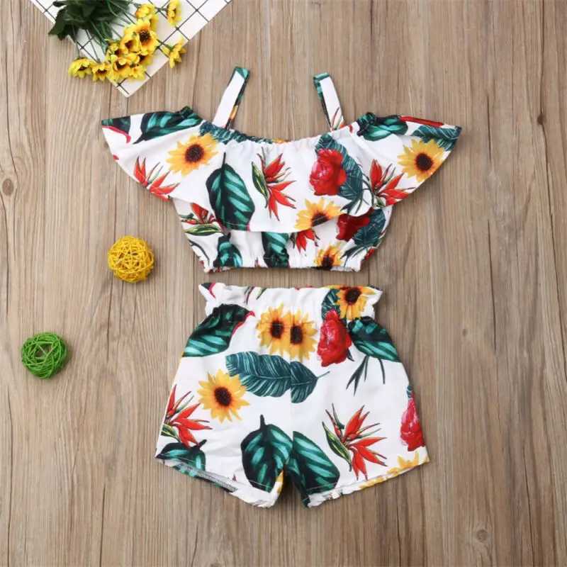 Clothing Sets The latest fashion summer baby girl clothing with shoulder pleats and sling crop tops and shorts 2PCS clothing WX