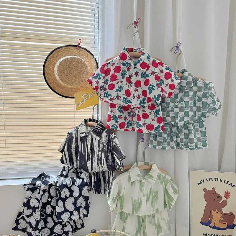 Clothing Sets 2-9T childrens and boys clothing floral pattern boy shirt+short 2-piece clothing boy summer party birthday handsome clothing WX