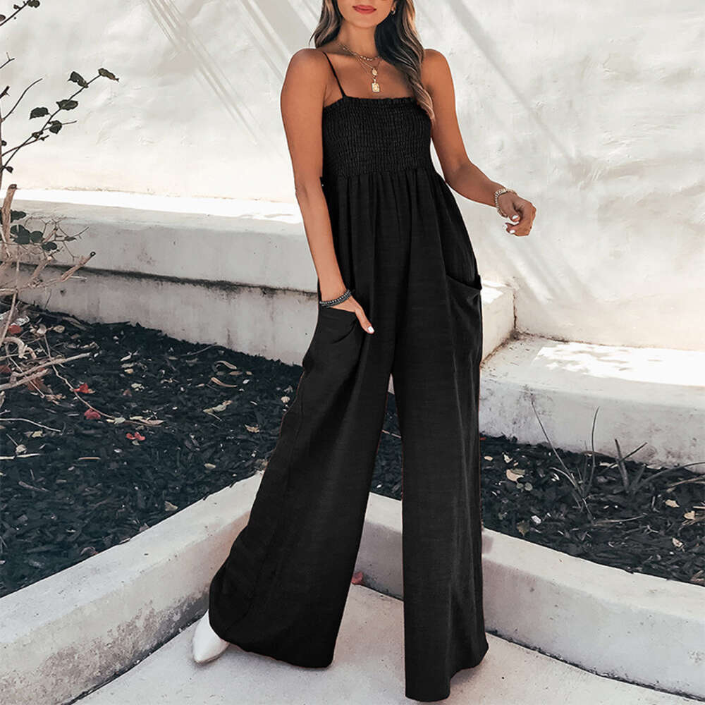 2024 new women's solid color camisole pleated casual style commuting high waisted jumpsuit F51734
