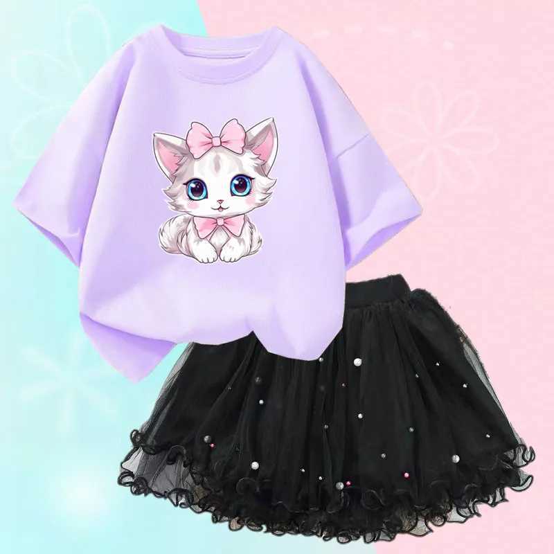 Clothing Sets Summer Little Girl Clothing Cute Cat T-shirt and Mesh Tutu Ski Two Piece Fashion Korean Childrens Clothing Set 3-14 Years WX