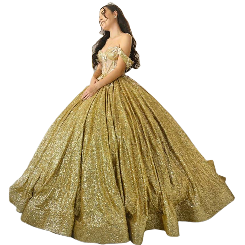 2024 Sparkly Gold Sequined Quinceanera Dresses Ball Gown Off The Shoulder Sweetheart Neck Floor Length Corset Debutante Sweet Sixteen Birthday Party D