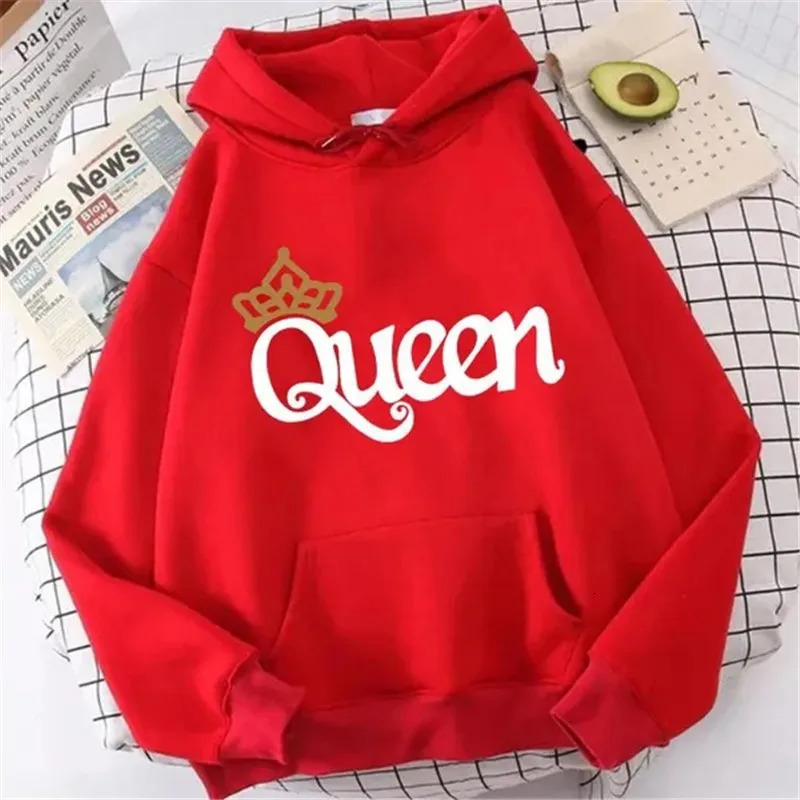 Women Pink Hooded Hoodie QUEEN Fleece Sweatshirts Cute Printing Sweater for Teenager Girls Sport Casual Pullover Top 240428
