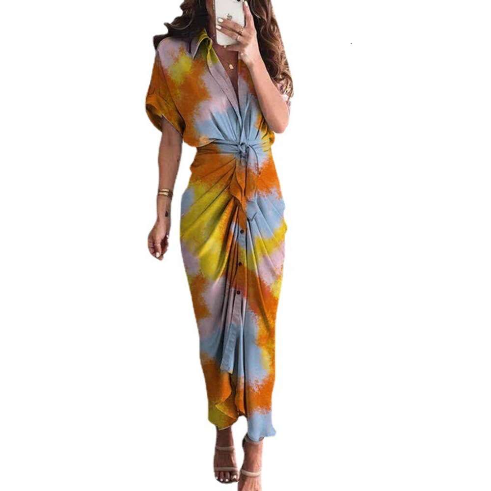 2024 Women's Summer New Short sleeved Temperament Commuting High Waist Printed Long Dress F51735