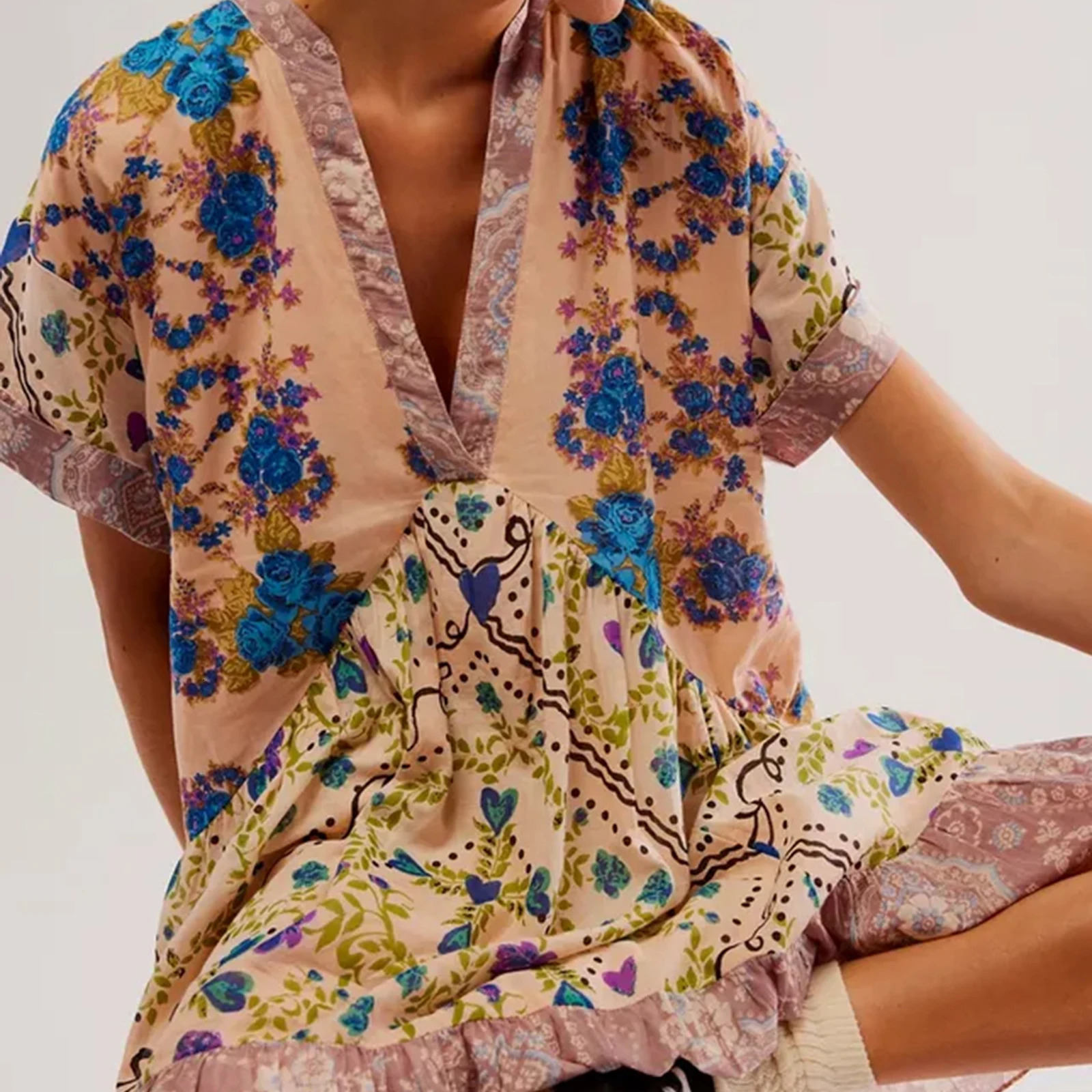 Womens Summer Fairycore Grunge Dress Bohemian Floral Print Short Sleeve VNeck Flowy Sundress Beachwear 240514