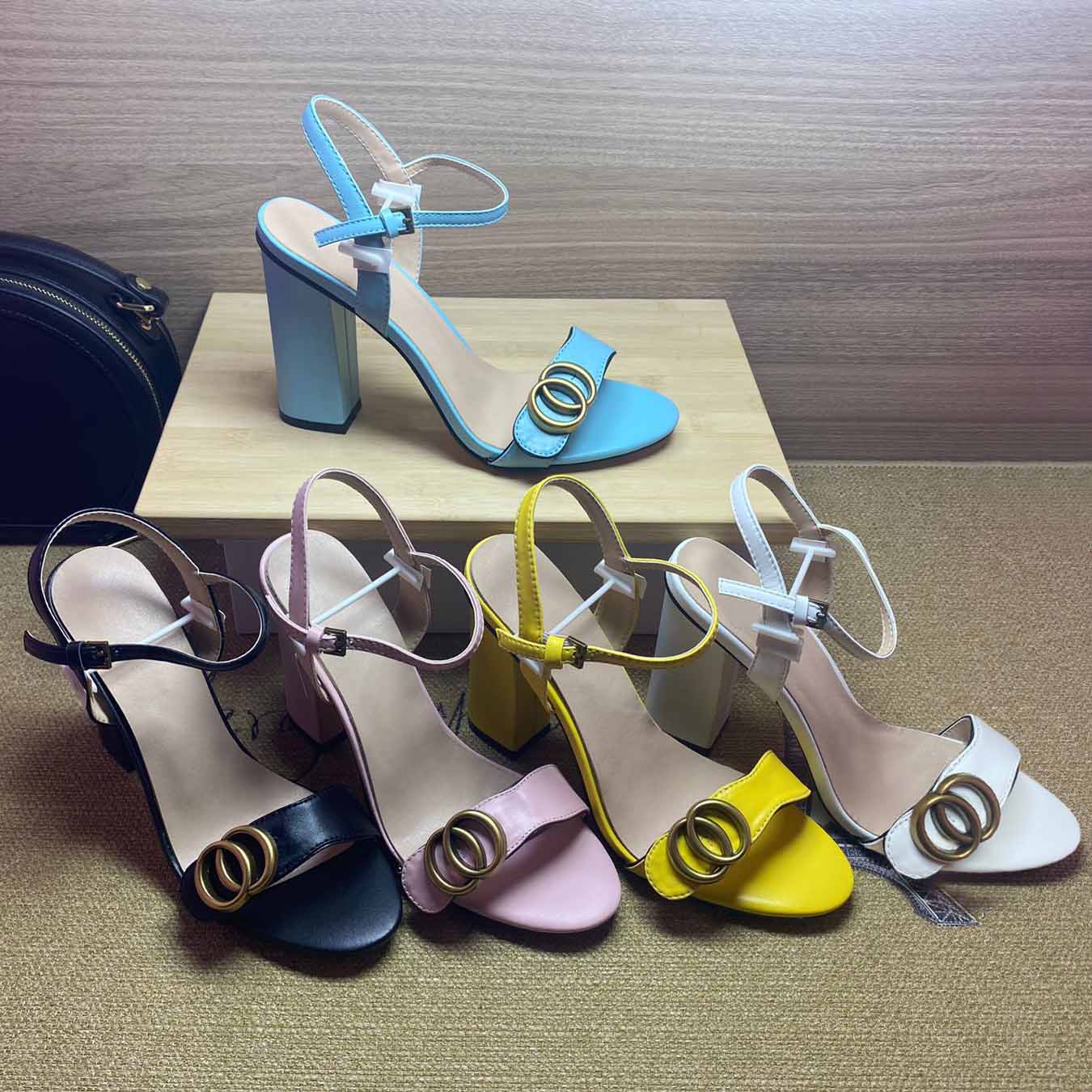 High heeled sandals designer sandal heels dress womens shoes 100% leather Dance shoe Suede Lady Metal Belt buckle Woman Thick Heel shoes Large size 34-40-41-42 With box