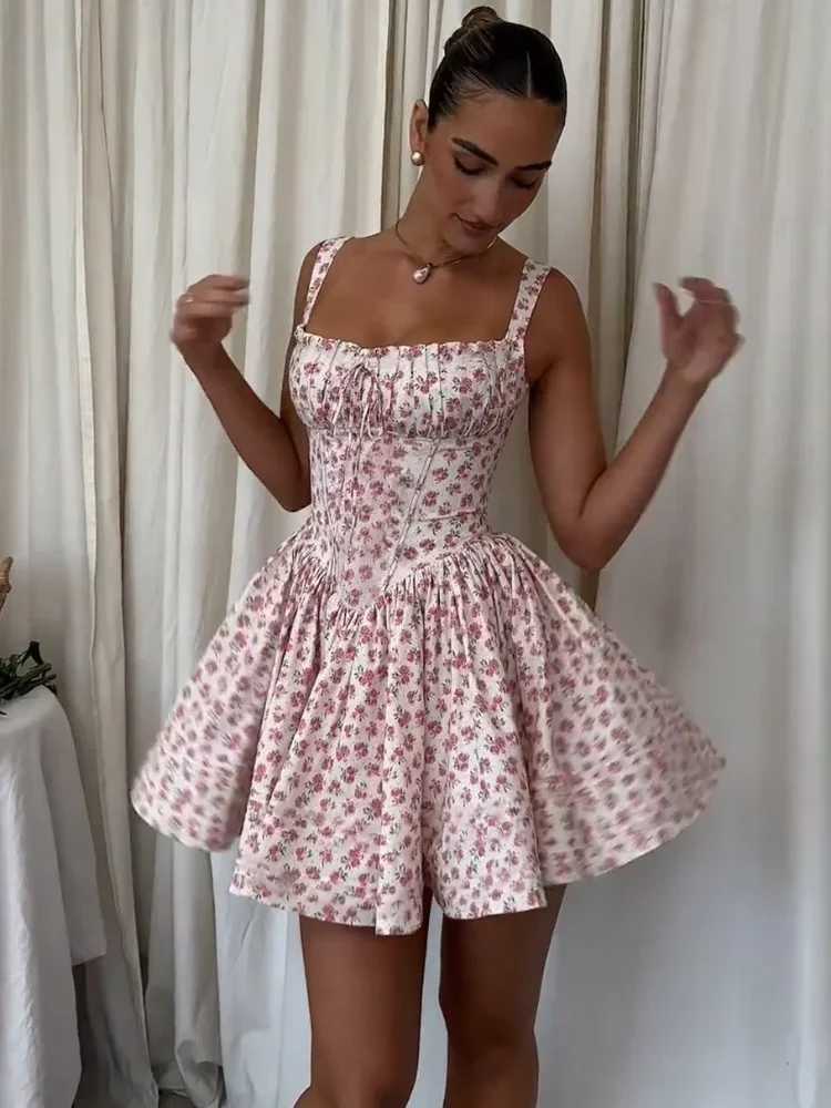 Basic Casual Dresses Elegant Floral Print A-line Pleated Sling Mini Dress Women Chic Slveless Lace Up Slim Dresses 2024 Summer Chic Lady Party Robe Y2