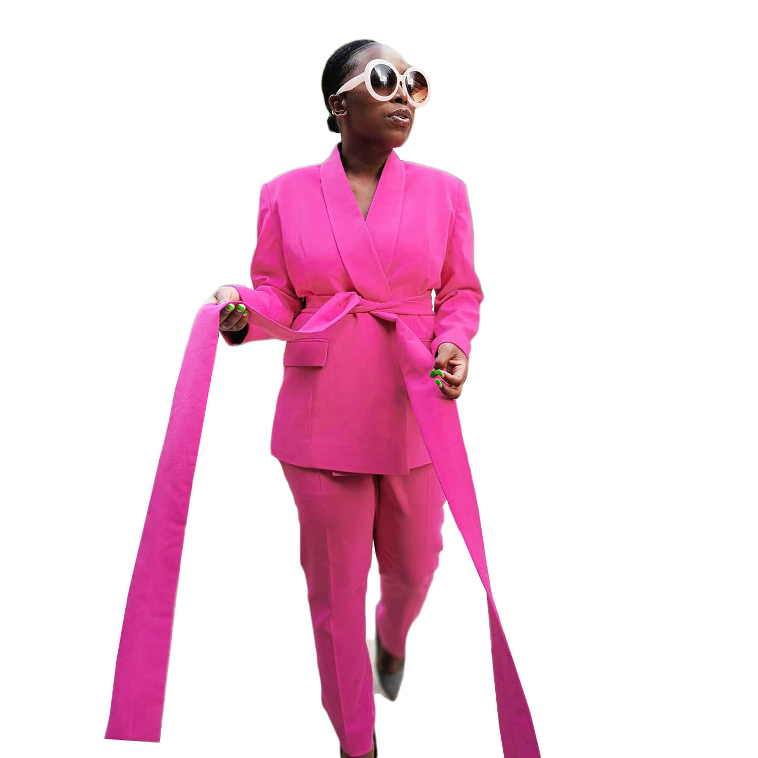 Hot Pink Women Pants Suits Custom Made Slim Fit Mother Of Bride Blazer With Belt Graduation Ceremony Attire Wear 2 Pieces