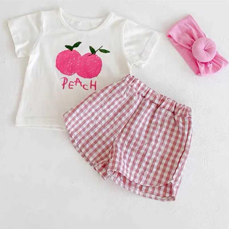 Clothing Sets Fashionable 2-piece baby girl short sleeved set fruit print set childrens T-shirt+shorts solid color clothes childrens princess girl set