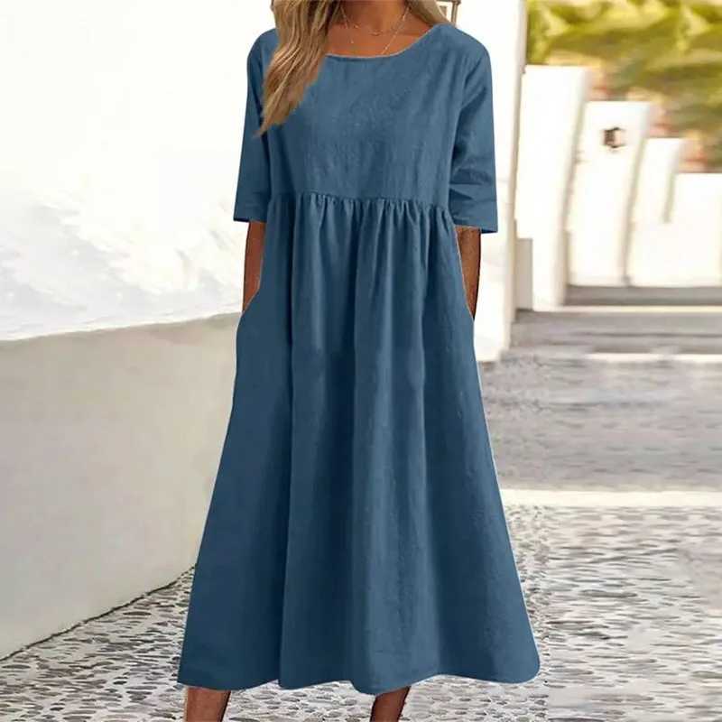 Basic Casual Dresses Solid Color Casual Loose Summer Long Dresses For Women 2023 Vintage Trendy Elegant Pretty Womens A-Line O-Neck Plus Size Dress Y2