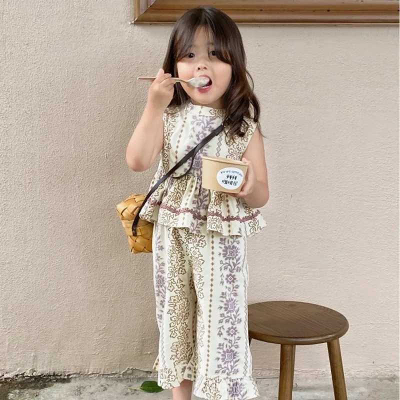 Clothing Sets Girls set floral print vest top mosquito net pants two pieces summer baby clothing set casual clothing top and pants WX