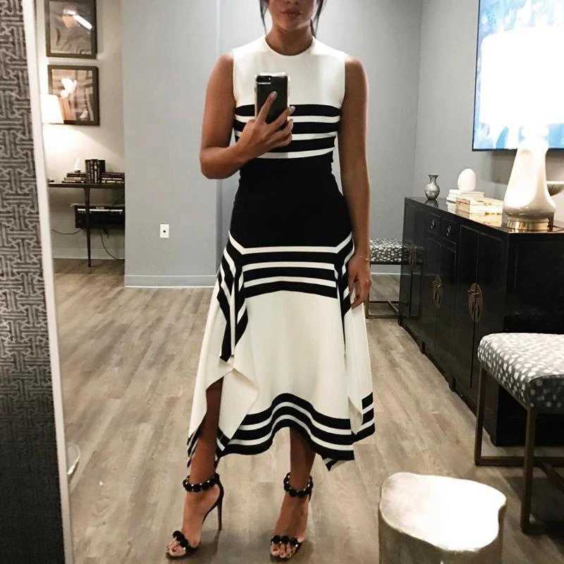 Dresses Basic Casual Summer Womens Fashion Slveless Round Neck Striped Black And White Patchwork Dress Casual Base Skirt Y2