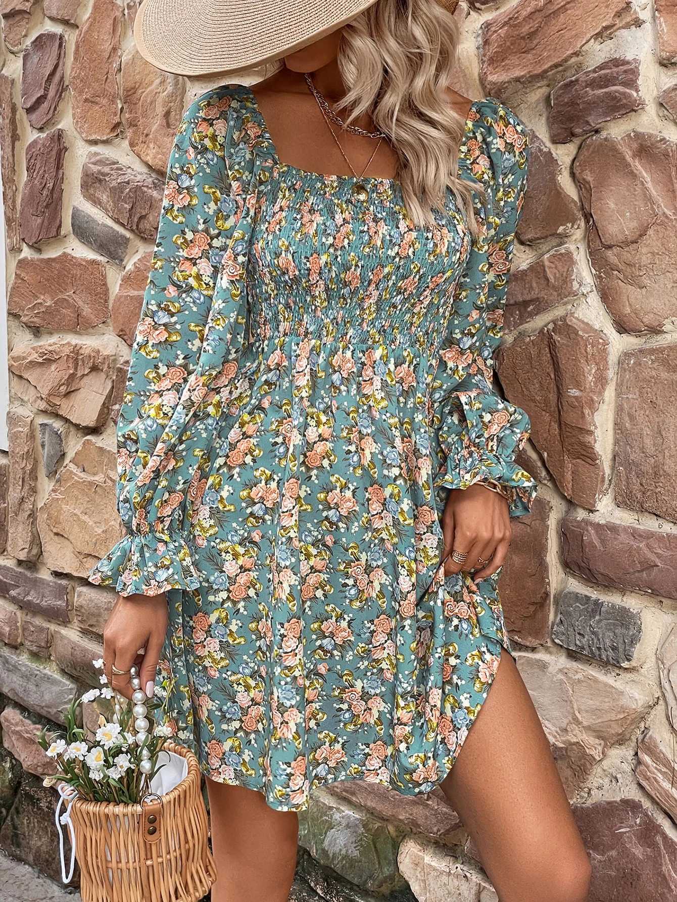 Basic Casual Dresses Fashion Womens Clothing Spring Summer Long Slve Bohemian Short Dress Female Beach Vacation Print Vintage Sexy Mini Dresses Y24051